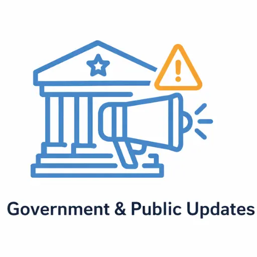 Government and public updates icon showing an official building with announcement alert for government notices, public alerts, and official updates