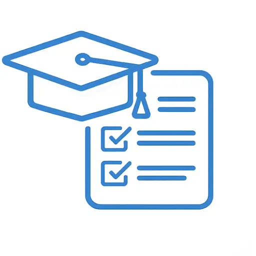 Education and exam updates icon showing graduation cap and checklist for government exams, recruitment notices, admit cards, and results