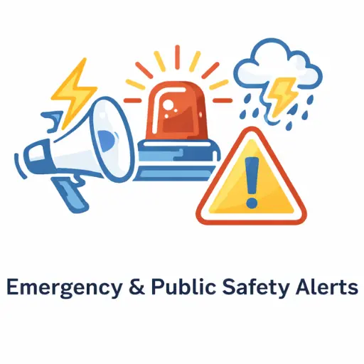Emergency and public safety alerts icon showing warning symbols, emergency siren, and alert signs for disasters and urgent public safety notifications
